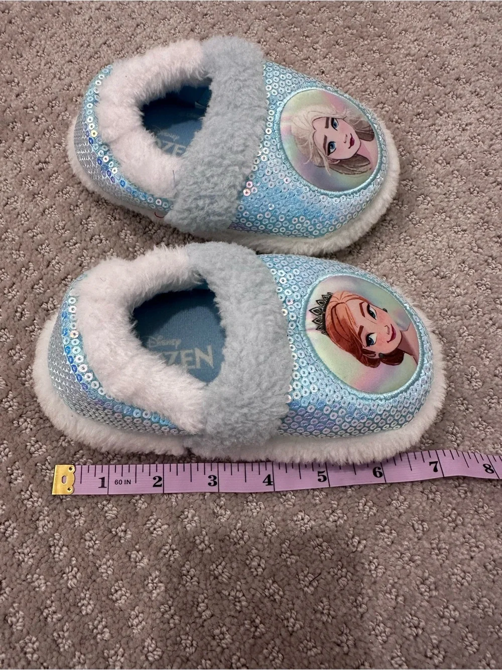 Disney Frozen 2 Blue Sequin Plush Slippers, Pre-Owned, Size 7/8